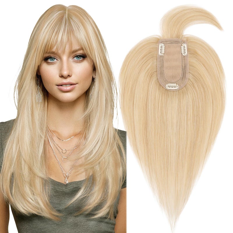MYLADY Human Hair Toppers for Women Real Human Hair with Bangs Thin 7  13CM Silk Base with Lace Clip in Remy Hairpieces 150 Density 10 Inch Ash Blonde  Bleach Blonde